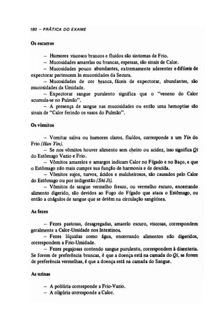 180 - PRÁ TICA DO EXAME 
Os escarros 
- Humores viscosos brancos e fluidos são sintomas de Frio. 
- Mucosidades amarelas ou brancas, espessas, são sinais de Calor. 
- Mucosidades pouco abundantes, extremamente aderentes e difíceis de 
expectorar pertencem às mucosidades da Secura. 
--:"' Mucosidades de cor branca, fáceis de expectorar, abundantes, são 
mucosidades da Umidade. 
- Expectorar sangue purulento significa que o "veneno do Calor 
acumula-se no Pulmão". 
- A presença de sangue nas mucosidades ou então uma hemoptise são 
sinais de "Calor ferindo os vasos do Pulmão". 
Osvômitos 
- Vomitar saliva ou humores claros, fluídos, corresponde a um Yin do 
Frio (Han Yin). 
- Se nos vômitos houver alimento sem cheiro ou acidez, isso significa Qi 
do Estômago Vazio e Frio. "- 
- Vômitos amarelos e amargos indicam Calor no Fígado e no Baço, e que 
o Estômago não mais cumpre sua função de harmonia e de descida. 
- Vômitos sujos, turvos, ãcídos e malcheirosos, são causados pelo Calor 
do Estômago ou por indigestão (Shi Ji): 
- Vômitos de sangue vermelho fresco, ou vermelho escuro, encerrando 
alimento dígerido, são devidos ao Fogo do Fígado que ataca o Estômago, ou 
então a cOágul~s de sangue que se detêm na circulação sangüínea. 
Asfezes 
- Fezes pastosas, desagregadas, amarelo escuro, viscosas, correspondem 
geralmente a Calor-Umidade nos Intestinos, 
- Fezes líquidas como água, encerrando alimentos não digeridos, 
correspondem a Frio-Umidade. 
- Fezes pegajosas contendo sangue purulento, correspondem àdisenteria. 
Se forem de preferência brancas, é que a doença está na camada do Qi~ se forem 
de. preferência vermelhas, é que a doença está na camada do Sangue. 
Asurinas 
- A poliúria corresponde a Frio-Vazio. 
- A oligúria corresponde a Calor. 
 