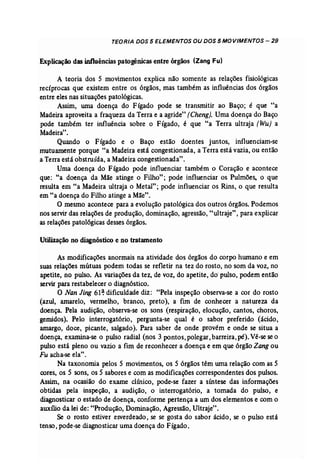 TEORIA DOS 5 ELEMENTOS OU DOS 5 MOVIMENTOS - 29 
Explicação das influênciaspatogênicasentre órgãos (Zang Fu) 
A teoria dos 5 movimentos explica não somente as relações fisiológicas 
recíprocas que existem entre os órgãos, mas também as influências dos órgãos 
entre eles nas situações patológicas. 
Assim, wna doença do Fígado pode se transmitir ao Baço; é que "a 
Madeira aproveita a fraqueza da Terra e a agride" (Cheng). Uma doença do Baço 
pode também ter influência sobre o Eígado, é que "a Terra ultraja (Wu) a 
Madeira". 
Quando o Fígado e o Baço estão doentes juntos, influenciam..se 
mutuamente porque "a Madeira está congestionada, a Terra está vazia,ou então 
a Terra está obstruída, a Madeira congestionada". 
Uma doença do Fígado pode influenciar também o Coração e acontece 
que: "a doença da Mãe atinge o Filho"; pode influenciar os Pulmões, o que 
resulta em "a Madeira ultraja o Metal"; pode influenciar os Rins, o que resulta 
em "a doença do Filho atinge a Mãe". 
O mesmo acontece para a evolução patológica dos outros órgãos. Podemos 
nos servir das relações de produção, dominação, agressão, "ultraje", para explicar 
as relações patológicas desses órgãos. 
Utilização no diagnóstico e no tratamento 
As modificações anormais na atividade dos órgãos do corpo humano e em 
suas relações mútuas podem todas se refletir na tez do rosto, no som da voz, no 
apetite, no pulso. As variações da tez, de voz, do apetite, do' pulso, podem então 
servir para restabelecer o diagnóstico. 
O Nan Jing 61~ dificuldade diz: "Pela inspeção observa-se a cor do rosto 
(azul, amarelo, vermelho, branco, preto), a fim de conhecer a natureza da 
doença. Pela audição, observa..se os sons (respiração, elocução, cantos, choros, 
gemidos). Pelo interrogatório, pergunta-se qual é o sabor preferido (ácido, 
amargo, doce, picante, salgado). Para saber de onde provém e onde se situa a 
doença, examina..se o pulso radial (nos 3 pontos, polegar, barreira, pé). Vê-se se o 
pulso está pleno ou vazio a fim de reconhecer a doença e em que órgão Zang ou 
Fu acha-se ela". 
Na taxonomia pelos 5 movimentos, os 5 órgãos têm wna relação com as 5 
cores, os 5 sons, os 5 sabores e com as modificações correspondentes dos pulsos. 
Assim, na ocasião do exame clínico, pode-se fazer a síntese das informações 
obtidas pela inspe ção, a audição, o interrogatório, a tomada do pulso, e 
diagnosticar o estado de doença, conforme pertença a um dos elementos e com o 
auxílio da lei de: "Produção, Dominação, Agressão, Ultraje". 
Se o rosto estiver esverdeado, se se gosta do sabor ácido, se o pulso está 
tenso, pode-se diagnosticar uma doença do Fígado. 
 
