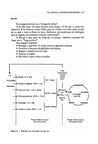 01, SANGUE, LIQUIDOS ORGÂNICOS - 37 
WeiQi 
É a energia protetora ou a "energia de defesa". 
O Su Wen (cap. 43) assim descreve essa energia: "O Wei Qi é o ardor dos 
alimentos. É de natureza demais fluida para ser contido nos vasos, assim circula 
ele na pele e entre as fibras da carne. Sublima-se nas membranas do diafragma 
para se espalhar nas cavidades torácicas e abdominais". 
O Wei Qi é uma parte do Yang Qi, eis porque também é chamado Wei 
Yang, isto é, "Yang protetor", 
Sua atuação é múltipla: 
• Proteger a superfície do corpo contra as agressões externas. 
• Controlar a abertura das glândulas sudoríparas. 
• Regular a temperatura do corpo. 
• Aquecer os órgãos. 
• Dar brilho à pele e lustro aos pêlos. 
Bexiga 1B a 67B } 
TAl YANG 
Intestino delgado 191D a 11D 
Vesícula biliar 1VB a 44VB } 
SHAO YANG 
Três aquecedores 23TA alTA 
11 B 
Circu lações 
separadas 
Estômago 1E a 45E 
Intestino grosso 20lG a 11G 
}YANG MING 
Vaso 
maravilhoso 
YANG 
alAO 
MAl 
CORACÃO 
Meridiano / " 
- do -. R1M PULMÃO 
+- Rim _  Ci~culação ) 
Cicio KE 
(sola do 
pé) 
BACO FIGADO 
~ 
Parte YANG do corpo 
25 voltas de dia 
Figura 6. - Esquema da circulação do Weí Dí. 
Partes YIN do corpo, 
25 voltas à noite 
 