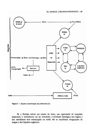 at, SANGUE~ L/OUIDOS ORGÂNICOS - 39 
4---'----- Nariz ----------•• PULMOeS / 
Alimentação........ Boca-+ Estômago ........ Baço 
Urina 
Transpiração +--.....- ......--- 
Ô 
/ 
..---... ~ ~I~G---+ SANGUE 
ql .-- 
JI:~ : r 1 
Adquirido -.0W~I 4--- 
o 
! 
j 
ql --..-. -, 
Ô ~-----------------··I--J-I-N-G-q-i-i-~-O--~S 
Figura 7. - Quadro simplificado dos diferentes 0/. 
Se a Energia estiver em estado de vazio, sua capacidade de impulsão 
diminuirá, o crescimento vai ser retardado, a atividade fisiológica dos órgãos e 
dos meridianos será embaraçada ou então vão se manifestar estagnações de 
sangue e dos líquidos orgânicos. 
 