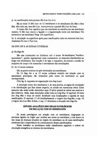 MERIDIANOS E RAMIFICAÇ(jES JING LUa - 51 
a) As ramificações mais grossas:Bie Luo (ou Lo). 
Há no total 15 Bie Luo: os 12 meridianos e os meridianos Du Mai e Ren 
Mai, têm cada WD, uma Bie Luo. Acrescenta-se o grande Bie Luo do baço. 
O termo Bie Luo significa que um meridiano se ramifica em um meridiano 
vizinho. O Bie Luo marca a ligação e a regularização entre um meridiano Yin 
(interno) e um meridiano Yang (de superfície). 
. b) A circulação na superfície apela para ramificações cada vez menores dos Luo, 
chamadasFu Luo e Yun Luo. 
OSJING JIN E AS ZONASCUTÂNEAS 
a) Os Jing Jin 
São eles conhecidos no Ocidente sob o termo de meridianos "tendino­musculares", 
porém representam mais exatamente os músculos distribuídos ao 
longo dos meridianos. Sua função é de ligar o esqueleto, de manter a coesão do 
conjunto do corpo e de comandar o movimento das articulações. 
b) As 12 zonas cutâneas 
São as partes reativas da pele destinadas aos meridianos. 
Os 12 Jing Jin e as 12 zonas cutâneas estando em relação com os 
meridianos principais, são chamados pelo nome do meridiano ao qual 
correspondem. 
(Ver fig. 8, esquema da organização dos Jing Luo). 
A descrição exata dos meridianos e de seus pontos, as regras de circulação 
e de distribuição que lhes dizem respeito, se acham em numerosas obras. Esses 
assuntos não serão então discutidos aqui. O leitor poderá se referir aos escritos a 
eles relativos. Aliás, essas descrições estão toda no Ling Shu: O capítulo 10 trata 
dos Jing Mai e situa de modo detalhado suas localizações e aquelas de suas 
ramificações. O capítulo 11 dá detalhadamente o trajeto dos Jing Bie, o cap. 10 
o trajeto dos Luo Mai. Enfim, o cap. 11 determina a situação dos JingJin: 
ESTUDO ANALfrICO OOSSINAIS PATOLóGICOS 
EM RELAÇÃO COM OSMERIDIANOS 
Os sinais patológicos em relação com os meridianos, reagrupam os 
sintomas ligados ao órgão que confere seu nome ao .meridiano, e das dores ou 
dos sinais de doenças situados no trajeto do meridiano ou de suas ramificações 
colaterais (daí a importância do conhecimento dessas ramificações). 
Neste trabalho os meridianos estão classificados seguindo a ordem da 
circulação energética no sistema dos meridianos. 
 