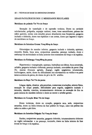 52 - TEORIAS DE BASE DA MEDICINA CHINESA 
SINAIS PATOLóGICOS DOS 12 MERIDIANOS REGULARES 
Meridiano do pulmão Tai Vin do braço 
Sensação de tumefação e de opressão torácica. Dores na cavidade 
subclavicular, polipnéia, arquejar ruidoso, tosse, tosse asmatiforme, palmas das 
mãos quentes, cotiza com micções pouco abundantes mas freqüentes, garganta 
inchada e dolorida, dores nas espáduas e nas costas, dores que seguem o trajeto 
do meridiano no braço. 
Meridiano do Intestino Grosso Vang Mingdo braço 
Odontalgias do maxilar inferior, garganta inchada e dolorida, epistaxe, 
rinorréia fluida, boca seca, conjuntivas amarelas, pescoço inchado, dores e 
embaraço da motricidade na linha anterior dos extensores do braço e da espádua. 
Meridiano do Estômago Vang Mingda perna 
Hipertermia e transpiração, epístaxe, borbulhas nos lábios, boca entortada, 
cefaléia, garganta inchada e dolorosa, pescoço inchado, convulsões de pavor (Jing 
Ti), manias (loucura agitada, Kuang), região epigástrica intumescida, 
borborigmos, ascite, dores ou dificuldades nos movimentos na virilha e na parte 
ântero-externa da perna, do dorso do pé e do 3Q. artelho. 
Meridiano do Baço Tai Vin da perna 
Língua rígida, vômitos p6s-prandiais, numerosas eructações, astenia física, 
sensação de corpo pesado, dificuldades para engolir, epigástrio inchado e 
dolorido, diarréia, icterícia, intumescirnento doloroso ou sensação de frio na 
parte interna do membro inferior e dores ao mover o artelho grosso. 
Meridiano do Coração Shao Vin do braço 
Dores torácicas, dores no coração, garganta seca, sede, conjuntivas 
amarelas, dores na linha interna da face palmar do braço, calor nas palmas das 
mãos ou mãos e pés frios. 
Meridiano do Intestino Delgado Tai Vang do braço 
Surdez, conjuntivas amarelas, garganta dolorida, intumescimento doloroso 
na região submaxilar e no pescoço, torcicolo, _dores na linha interna da face 
dorsal do braço e da espádua. 
 