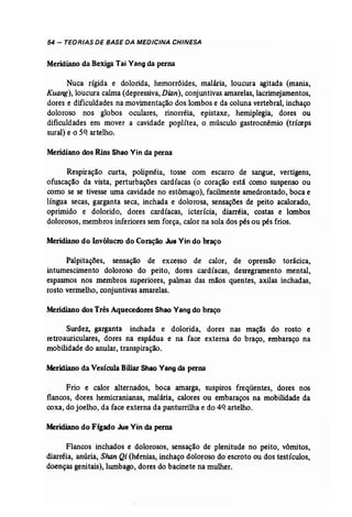 54 - TEORIAS DE BASE DA MEDICINA CHINESA 
Meridiano da Bexiga Tai Vang da perna 
Nuca rígida e dolorida, hemorróides, malária, loucura agitada (mania, 
Kuang), loucura calma (depressiva, Dian), conjuntivas amarelas, lacrimejamentos, 
dores e dificuldades na movimentação dos lombos e da coluna vertebral, inchaço 
doloroso nos globos oculares, rinorréia, epistaxe, hemíplegia, dores ou 
dificuldades em mover a cavidade poplítea, o músculo' gastrocnêmio (tríceps 
suraI) e o Sq artelho. 
Meridiano dos Rins Shao Vin da perna 
Respiração curta, polipnéia, tosse com escarro de sangue, vertigens, 
ofuscação da vista, perturbações cardíacas (o coração está como suspenso ou 
como se se tivesse uma cavidade no estômago), facilmente amedrontado, boca e 
língua secas, garganta seca, inchada e dolorosa, sensações de peito acalorado, 
oprimido e dolorido, dores cardíacas, icterícia, diarréia, costas e lombos 
dolorosos, membros inferiores sem força, calor na sola dos pés ou pés frios. 
Meridiano do Invólucro do Coração Jue Vin do braço 
Palpitações, sensação de excesso de calor, de opressão torácica, 
inturnescimento doloroso do peito, dores cardíacas, desregramento mental, 
espasmos nos membros superiores, palmas das mãos quentes, axilas inchadas, 
rosto vermelho, conjuntivas amarelas. 
Meridiano dos Três Aquecedores Shao Yangdo braço 
Surdez, garganta inchada e dolorida, dores nas maçãs do rosto e 
retroauriculares, dores na espádua e na face externa do braço, embaraço na 
mobilidade do anular, transpiração. 
Meridiano da Vesícula Biliar Shao Vang da perna 
Frio e calor alternados, boca amarga, suspiros freqüentes, dores nos 
flancos, dores hemicranianas, malária, calores ou embaraços na mobilidade da 
coxa, do joelho, da face externa da panturrilha e do 4q artelho. 
Meridiano do Fígado Jue Vin da perna 
Flancos inchados e dolorosos, sensação de plenitude no peito, vômitos, 
diarréia, anúria, ShanQi (hérnias, inchaço doloroso do escroto ou dos testículos, 
doenças genitais), lumbago, dores do bacinete na mulher. 
 