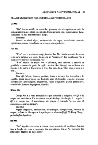 MERIDIANOS E RAMIFICAÇOES JING LUa - 55 
SINAIS PATOLóGICOSDOS 8 MERIDIANOS PARTICULARES 
DuMai 
"Du" tem o sentido de controlar, governar, circula seguindo o meio da 
coluna vertebral, do crânio e do cóccix. Como governa (Du) os meridianos Yang, 
é chamado "o. mar dos meridianos Yang". 
Sintomas: 
Coluna vertebral rígida, enfermidades da raque, perturbações mentais, 
opist6tonos, medos convulsivos em crianças, doenças febris. 
Ren Mai 
14Ren" tem o sentido de cargo, função. Ren Mai circula no meio do ventre 
e da parte anterior do tórax. Como ele se "encarrega" dos meridianos Yin, é 
chamado "o mar dos meridianos Yin". 
"Ren" escrito de modo leve e diferente, tem também o sentido de 
gravidade, e como ele parte da região uterina (Bao Zhong}, nas mulheres, sua 
função é de nutrir e desenvolver o feto. Por isso, diz..se "Ren rege o útero e o 
feto". 
Sintomas: 
Shan Qi (hérnia, doenças genitais, dores e inchaço dos testículos e do 
escroto, dores importantes no bacinete com obstipação, retenção urinária), 
enfermidades ginecológicas, leucorréias, regras irregulares, partos prematuros, 
esterilidade, doenças da garganta, dispnéia. 
Chang Mai 
Chong Mai é o vaso encruzilhada que comanda o conjunto do Qi e do 
sangue dos meridianos. Ele se estende dos pés àcabeça. Sua função é regular o 
Qi e o sangue dos 12 meridianos, eis porque é chamado "o mar dos .12 
meridianos, o mar do sangue", 
Sintomas 
Regras irregulares, amenorréias, metrorragias, hipogalactose, vômitos de 
sangue, refluxo da blocagem e irrupção para o alto do Qi (Qi Ni Shang Chong), 
perturbações digestivas. 
DaiMai 
"Dai" significa circundar a cintura como um cinto. O meridiano Dai Mai 
tem a função de reter o conjunto dos meridianos. Diz-se: "o conjunto dos 
meridianos depende do cinto deles". 
 