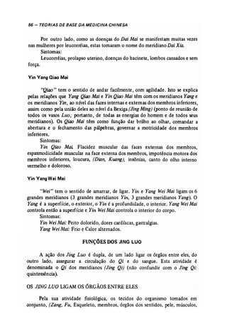 56 - TEORIAS DE BASE DA MEDIClftJA CHINESA 
Por outro lado, como as doenças do Dai Mai se manifestam muitas vezes 
nas mulheres por leucorréias, estas tomaram o nome do meridiano DaiXia. 
Sintomas: 
Leucorréias, prolapso uterino, doenças do bacinete, lombos cansados e sem 
força. 
Vin Vang Qiao Mai 
44Qiao" tem o sentido de andar facilmente, com agilidade. Isto se explica 
pelas relações que Yang Qiao Mai e Yin Qiao Mai têm com os meridianos Yang e 
os meridianos Yin, ao nível das faces internas e externas dos membros inferiores, 
assim como pela união deles ao nível da Bexiga (Jing Ming) (ponto de reunião de 
todos os vasos Luo; portanto, de todas as energias do homem e de todos seus 
meridianos). Os Qiao Mai têm como função dar brilho ao olhar, comandar a 
abertura e o fechamento das pálpebras, governar a motricidade dos membros 
inferiores. 
Sintomas: 
Yin Qiao Mai: Flacidez muscular das faces externas dos membros, 
espasmodicidade muscular na face externa dos membros, impotência motora dos 
membros inferiores, loucura, {Dian, Kuang), insônias, canto do olho interno 
vermelho e doloroso. 
Vin VangWei Mai 
"Wei" tem o sentido de amarrar, de ligar.. Yin e Yang WeiMa; ligam os 6 
grandes meridianos (3 grandes meridianos Yin, 3 grandes meridianos Yang). O 
Yang é a superfície, o exterior, o Yin é a profundidade, o interior. Yang Wei Mai 
controla então a superfície e Yin WeiMai controla o interior do corpo. 
Sintomas: 
Yin Wei Mai: Peito dolorido, dores cardíacas, gastralgias. 
Yang WeiMai: Frio e Calor alternados. 
FUNÇÕES DOS JING Lua 
A ação dos Jing Luo é dupla, de um lado ligar os órgãos entre eles, do 
outro lado, assegurar a circulação do Qi e do sangue. Esta atividade é 
denominada o Qi dos meridianos [Jing Qi) (não confundir com o Jing Qi: 
quintessência). 
OS JING LUa LIGAM OS ÓRGÃOS ENTRE ELES 
Pela sua atividade fisiológica, os tecidos do organismo tomados em 
conjunto, [Zang, Fu, Esqueleto, membros, órgãos dos sentidos, pele, músculos, 
 