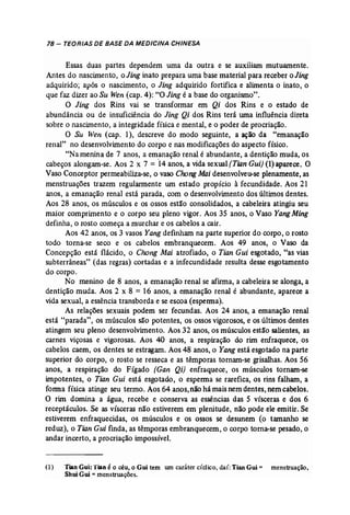 78 - TEORIAS DE BASE DA MEDICINA CHINESA 
Essas duas partes dependem uma da outra e se auxiliam mutuamente. 
Antes do nascimento, o Jing inato prepara uma base material para receber o Jing 
adquirido; após o nascimento, o Jing adquirido fortifica e alimenta o inato, o 
que faz dizer ao Su Wen (cap. 4): "O Jing é a base do organismo". 
O Jing dos Rins vai se transformar em Qi dos Rins e o estado de 
abundância ou de insuficiência do Jing Qi dos Rins terá uma influência direta 
sobre o nascimento, a integridade física e mental, e o poder de procriação. 
O Su Wen (cap. 1), descreve do modo seguinte, a ação da "emanação 
renal" no desenvolvimento do corpo e nas modificações do aspecto físico. 
"Na menina de 7 anos, a emanação renal é abundante, a dentição muda, os 
cabeços alongam-se. Aos 2 x 7 = "14 anos, a vida sexual (Tian Gui) (1) aparece. O 
Vaso Conceptor permeabiliza-se, o vaso ChangMai desenvolveu-se plenamente, as 
menstruações trazem regularmente um estado propício à fecundidade. Aos 21 
anos, a emanação renal está parada, com o desenvolvimento dos últimos dentes. 
Aos 28 anos, os músculos e os ossos estão consolidados, a cabeleira atingiu seu 
maior comprimento e o corpo seu pleno vigor. Aos 35 anos, o Vaso YangMing 
definha, o rosto começa a murchar e os cabelos a cair. 
Aos 42 anos, os 3 vasos Yang definham na parte superior do corpo, o rosto 
todo torna-se seco e os cabelos embranquecem. Aos 49 anos, o Vaso da 
Concepção está flácido, o Chang Mai atrofiado, o Tian Gui esgotado, "as vias 
subterrâneas", (das regras) cortadas e a infecundidade resulta desse esgotamento 
do corpo. 
No menino de 8 anos, a emanação renal se afirma, a cabeleira se alonga, a 
dentição muda. Aos 2 x 8 =16 anos, a emanação renal é abundante, aparece a 
vida sexual, a essência transborda e se escoa (esperma), 
As relações sexuais podem ser fecundas. Aos 24 anos, a emanação renal 
está "parada", os músculos são potentes, os ossos vigorosos, e os últimos dentes 
atingem seu pleno desenvolvimento. Aos 32 anos, os músculos estão salientes, as 
carnes viçosas e vigorosas. Aos 40 anos, a respiração do rim enfraquece, os 
cabelos caem, os dentes se estragam. Aos 48 anos, o Yang está esgotado na parte 
superior do corpo, o rosto se resseca e as têmporas tornam-se grisalhas. Aos 56 
anos, a respiração do Fígado (Gan Qi) enfraquece, os músculos tornam-se 
impotentes, o Tian Gui está esgotado, o esperma se rarefíca, os rins falham, a 
forma física atinge seu termo. Aos 64 anos, não há mais nem dentes, nem cabelos. 
O rim domina a água, recebe e conserva as essências das 5 vísceras e dos 6 
receptáculos. Se as vísceras não estiverem em plenitude, não pode ele emitir. Se 
estiverem enfraquecidas, os músculos e os ossos se desunem (o tamanho se 
reduz), o TianGui finda, as têmporas embranquecem, o corpo torna-se pesado, o 
andar incerto, a procriação impossível. 
(1) Tian Gui:Tian éo céu, o Gui tem um caráter cíclico, daí: Tian Gui = menstruação, 
Shui Gui =menstruações. 
 