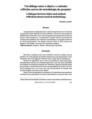 O dialogo entre objeto e metodo   reflex+áes sobre metodologia de pesquisa - christian laville