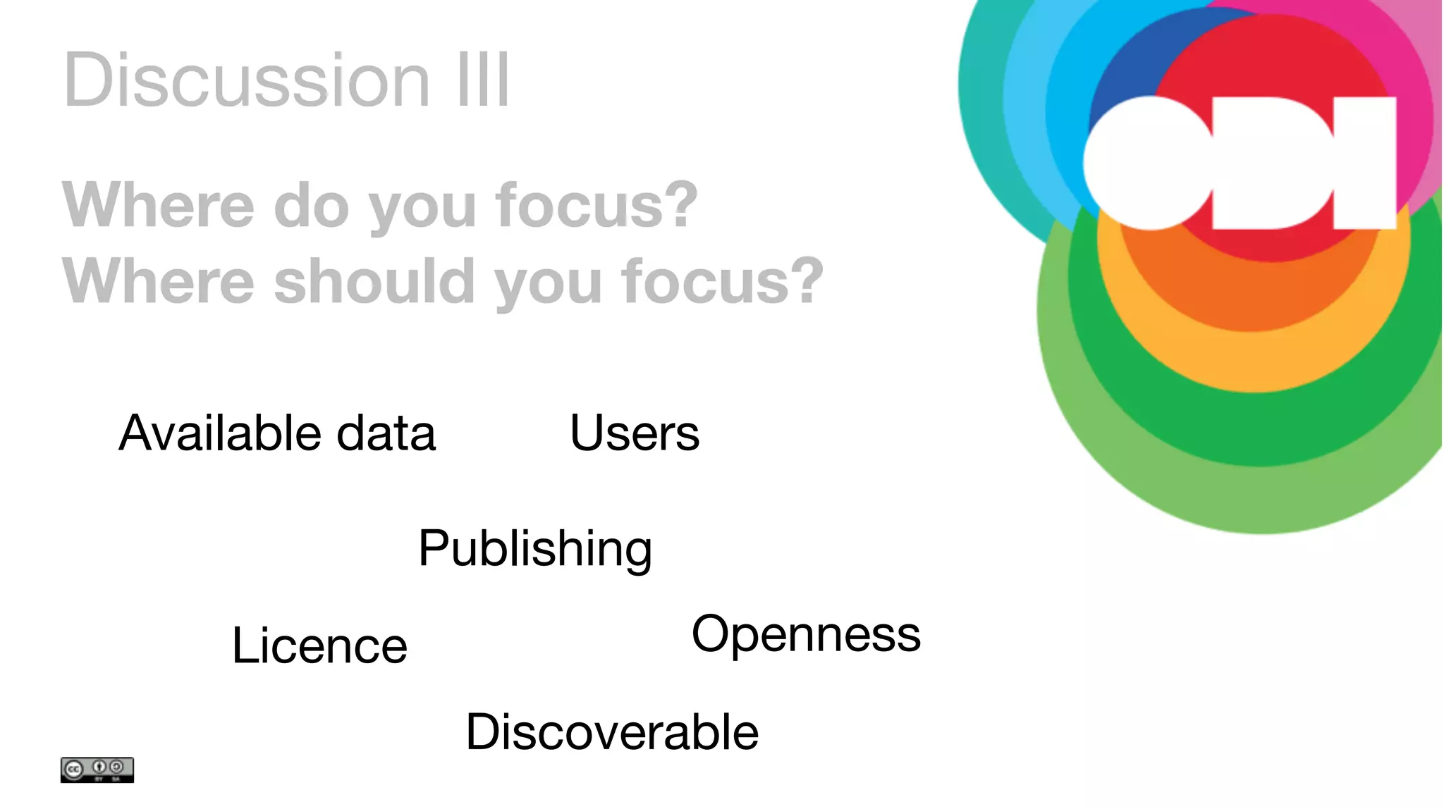 Discussion III 
 
Where do you focus? 
Where should you focus?
Available data
 Users
Publishing
Licence
 Openness
Discoverable
 