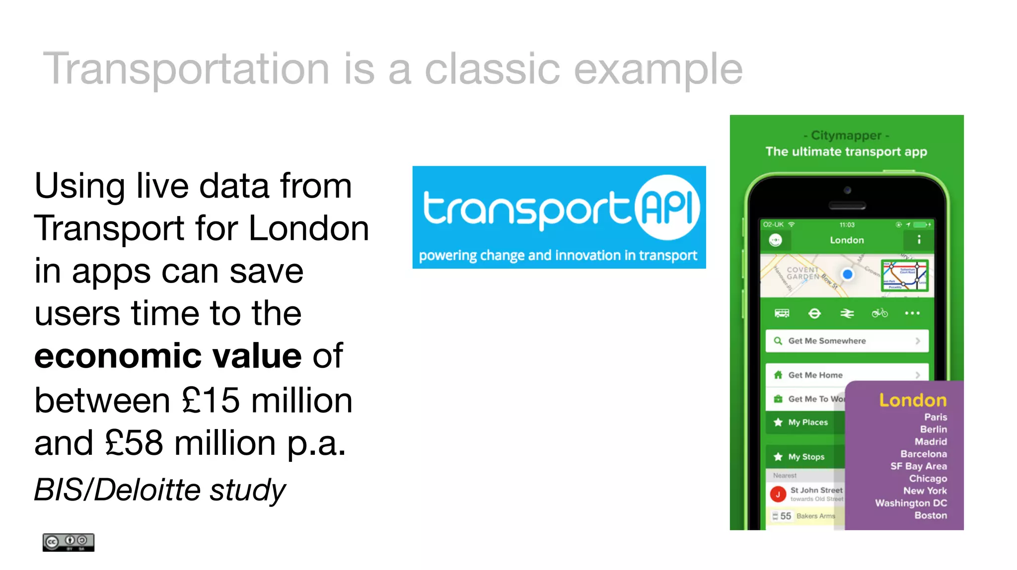 Transportation is a classic example
Using live data from
Transport for London
in apps can save
users time to the
economic value of
between £15 million
and £58 million p.a.
BIS/Deloitte study
 