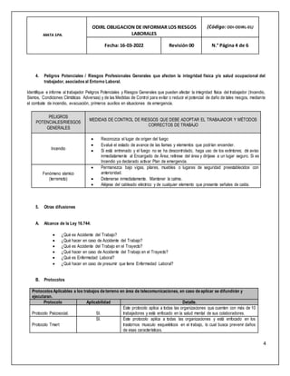 MATA SPA.
ODIRL OBLIGACION DE INFORMAR LOS RIESGOS
LABORALES
(Código: ODI-ODIRL-01)
Fecha: 16-03-2022 Revisión 00 N.° Página 4 de 6
4
4. Peligros Potenciales / Riesgos Profesionales Generales que afecten la integridad física y/o salud ocupacional del
trabajador, asociados al Entorno Laboral.
Identifique e informe al trabajador Peligros Potenciales y Riesgos Generales que pueden afectar la integridad física del trabajador (Incendio,
Sismos, Condiciones Climáticas Adversas) y de las Medidas de Control para evitar o reducir el potencial de daño de tales riesgos, mediante
el combate de incendio, evacuación, primeros auxilios en situaciones de emergencia.
PELIGROS
POTENCIALES/RIESGOS
GENERALES
MEDIDAS DE CONTROL DE RIESGOS QUE DEBE ADOPTAR EL TRABAJADOR Y MÉTODOS
CORRECTOS DE TRABAJO
Incendio
 Reconozca el lugar de origen del fuego
 Evalué el estado de avance de las llamas y elementos que podrían encender.
 Si está entrenado y el fuego no se ha descontrolado, haga uso de los extintores; dé aviso
inmediatamente al Encargado de Área; retírese del área y diríjase a un lugar seguro. Si es
Incendio ya declarado activar Plan de emergencia.
Fenómeno sísmico
(terremoto)
 Permanezca bajo vigas, pilares, muebles o lugares de seguridad preestablecidos con
anterioridad.
 Detenerse inmediatamente. Mantener la calma.
 Aléjese del cableado eléctrico y de cualquier elemento que presente señales de caída.
5. Otras difusiones
A. Alcance de la Ley 16.744:
 ¿Qué es Accidente del Trabajo?
 ¿Qué hacer en caso de Accidente del Trabajo?
 ¿Qué es Accidente del Trabajo en el Trayecto?
 ¿Qué hacer en caso de Accidente del Trabajo en el Trayecto?
 ¿Qué es Enfermedad Laboral?
 ¿Qué hacer en caso de presumir que tiene Enfermedad Laboral?
B. Protocolos
Protocolos Aplicables a los trabajos de terreno en área de telecomunicaciones, en caso de aplicar se difundirán y
ejecutaran.
Protocolo Aplicabilidad Detalle.
Protocolo Psicosocial. SI.
Este protocolo aplica a todas las organizaciones que cuenten con más de 10
trabajadores y está enfocado en la salud mental de sus colaboradores.
Protocolo Tmert
SI. Este protocolo aplica a todas las organizaciones y está enfocado en los
trastornos musculo esqueléticos en el trabajo, lo cual busca prevenir daños
de esas características.
 