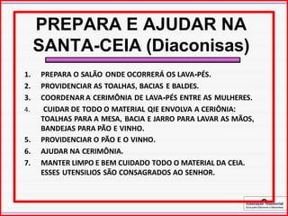 Associação Ministerial
Guia para Diáconos e Diaconisas
PREPARA E AJUDAR NA
SANTA-CEIA (Diaconisas)
1. PREPARA O SALÃO ONDE OCORRERÁ OS LAVA-PÉS.
2. PROVIDENCIAR AS TOALHAS, BACIAS E BALDES.
3. COORDENAR A CERIMÔNIA DE LAVA-PÉS ENTRE AS MULHERES.
4. CUIDAR DE TODO O MATERIAL QIE ENVOLVA A CERIÔNIA:
TOALHAS PARA A MESA, BACIA E JARRO PARA LAVAR AS MÃOS,
BANDEJAS PARA PÃO E VINHO.
5. PROVIDENCIAR O PÃO E O VINHO.
6. AJUDAR NA CERIMÔNIA.
7. MANTER LIMPO E BEM CUIDADO TODO O MATERIAL DA CEIA.
ESSES UTENSILIOS SÃO CONSAGRADOS AO SENHOR.
 