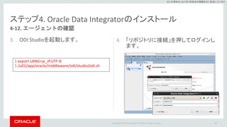Copyright © 2017 Oracle and/or its affiliates. All rights reserved. |
※この資料は 2017年5月時点の情報を元に記述しています。
4. 「リポジトリに接続」を押してログインし
ます。
ステップ4. Oracle Data Integratorのインストール
3. ODI Studioを起動します。
104
4-12. エージェントの確認
$ export LANG=ja_JP.UTF-8
$ /u01/app/oracle/middleware/odi/studio/odi.sh
 
