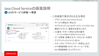 Copyright © 2017 Oracle and/or its affiliates. All rights reserved. |
※この資料は 2017年5月時点の情報を元に記述しています。
Java Cloud Serviceの画面説明
JCSのサービス詳細 ～概要
110
2
• この画面で表示される主な項目
– プラン：Oracle Java Cloud Service
– サービス開始日・停止日
– サブスクリプションID/サービス・インスタンスID
– 顧客アカウント：顧客名を表示します。
– CSI番号：サポート問合せ用の番号
• トライアルの場合は「使用不可」となります。
– データ管轄：稼働するデータセンターを表示
– アイデンティティドメイン名/ID
– ステータス：「アクティブ」「一時停止」など
– SFTP関連情報（ホスト・ポート・ユーザ名）
– REST関連情報（エンドポイント）
 