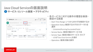 Copyright © 2017 Oracle and/or its affiliates. All rights reserved. |
※この資料は 2017年5月時点の情報を元に記述しています。
Java Cloud Serviceの画面説明
サービス・コンソール画面 ～アクティビティ
118
3
• 各サービスに対する操作の履歴を検索・
確認する画面
– Start Time Range: いつからのログを検索するか
– Operation Status:検索するログのステータスを
選択
• Scheduled/Running/Succeeded/Failed
– Service Name: 検索対象のサービス名
– Service Type: 検索対象のサービス・タイプ
• JCSは「Java Cloud Service」を選択
– Operation: 検索対象の操作
 
