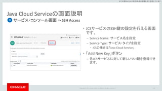 Copyright © 2017 Oracle and/or its affiliates. All rights reserved. |
※この資料は 2017年5月時点の情報を元に記述しています。
Java Cloud Serviceの画面説明
サービス・コンソール画面 ～SSH Access
119
3
• JCSサービスのSSH鍵の設定を行える画面
です。
– Service Name: サービス名を指定
– Service Type: サービス・タイプを指定
• JCSの場合は「Java Cloud Service」
• 「Add New Key」ボタン
– 各JCSサービスに対して新しいSSH鍵を登録でき
ます。
 