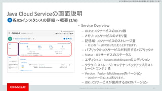 Copyright © 2017 Oracle and/or its affiliates. All rights reserved. |
※この資料は 2017年5月時点の情報を元に記述しています。
Java Cloud Serviceの画面説明
各JCSインスタンスの詳細 ～概要 (2/6)
121
4
• Service Overview
– OCPU：JCSサービスのOCPU数
– メモリ： JCSサービスのメモリ量
– 記憶域： JCSサービスのストレージ量
• 右上の 「－」印で折りたたむことができます。
– パブリックIP：JCSサービスが利用するパブリックIP
– Status： JCSサービスのステータス
– エディション： Fusion Middlewareのエディション
– クラウド・ストレージ・コンテナ：バックアップ用スト
レージ・コンテナ名
– Version： Fusion Middlewareのバージョン
• ODIのバージョンとは異なります。
– JDK：JCSサービスが使用するJDKのバージョン
 