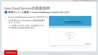 Copyright © 2017 Oracle and/or its affiliates. All rights reserved. |
※この資料は 2017年5月時点の情報を元に記述しています。
Java Cloud Serviceの画面説明
管理コンソール関連 ～Fusion Middleware Control 12c（1/2）
1. Fusion Middleware Controlへのログイン
129
5
– ODIを含むFusion Middleware製品を監視す
るツールです。
– ユーザ名とパスワードは、JCS作成ウィザー
ドで指定したものを利用します。
 