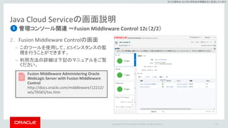 Copyright © 2017 Oracle and/or its affiliates. All rights reserved. |
※この資料は 2017年5月時点の情報を元に記述しています。
Java Cloud Serviceの画面説明
管理コンソール関連 ～Fusion Middleware Control 12c（2/2）
2. Fusion Middleware Controlの画面
130
5
– このツールを使用して、JCSインスタンスの監
視を行うことができます。
– 利用方法の詳細は下記のマニュアルをご覧
ください。
Fusion Middleware Administering Oracle
WebLogic Server with Fusion Middleware
Control
http://docs.oracle.com/middleware/12212/
wls/TASKS/toc.htm
 