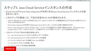 Copyright © 2017 Oracle and/or its affiliates. All rights reserved. |
※この資料は 2017年5月時点の情報を元に記述しています。
ステップ3. Java Cloud Serviceインスタンスの作成
• Oracle CloudでOracle Data Integratorが利用できるJava Cloud Serviceインスタンスの設
定を行います。
• このステップの最後には、下記の状態のJCS VMが提供されます。
– リポジトリのDBCSインスタンスを指定することで、DBCSインスタンスへの接続設定などが行われた状態でJCSイン
スタンスが作成されます。
– Oracle Data Integratorが利用するWebLogic Serverがインストールされた状態で提供されます。
– Oracle Data Integratorソフトウェアのインストールメディアが用意された状態で提供されます。まだOracle Data
Integratorはインストールされておらず、この後のステップで手動でインストールする必要があります。
• このステップでは下記の内容を説明します。
– 3-1. Java Cloud Serviceインスタンス作成ウィザードの実行
– 3-2. Java Cloud ServiceインスタンスのIPアドレスの確認
– 3-3.シェルによるJCS VMへの接続（Tera Termの場合）
– 3-4. JCS VMインスタンスの起動・停止
– 3-5. JCSインスタンス作成後の環境情報
22
 