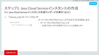 Copyright © 2017 Oracle and/or its affiliates. All rights reserved. |
※この資料は 2017年5月時点の情報を元に記述しています。
ステップ3. Java Cloud Serviceインスタンスの作成
3-1. Java Cloud Serviceインスタンス作成ウィザードの実行（8/11）
6. 「Details」 (D) ロード・バランサ
33
ロードバランサをプロビジョニングするかどうかを指定します。
– ロードバランサのプロビジョニング
• 必須ではないので本資料では「いいえ」を選択します。
Browser
 