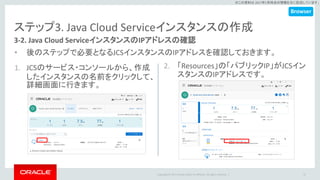 Copyright © 2017 Oracle and/or its affiliates. All rights reserved. |
※この資料は 2017年5月時点の情報を元に記述しています。
ステップ3. Java Cloud Serviceインスタンスの作成
3-2. Java Cloud ServiceインスタンスのIPアドレスの確認
• 後のステップで必要となるJCSインスタンスのIPアドレスを確認しておきます。
37
2. 「Resources」の「パブリックIP」がJCSイン
スタンスのIPアドレスです。
1. JCSのサービス・コンソールから、作成
したインスタンスの名前をクリックして、
詳細画面に行きます。
Browser
 
