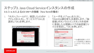 Copyright © 2017 Oracle and/or its affiliates. All rights reserved. |
※この資料は 2017年5月時点の情報を元に記述しています。
ステップ3. Java Cloud Serviceインスタンスの作成
1. 「ホスト」フィールドに、確認したJCSのIP
アドレスを入力し、サービスで「SSH」を
選択し「OK」を押します。
2. 「ユーザ名」に「opc」を入力し、
「RSA/DSA鍵を使う」を選択します。「秘
密鍵」ボタンでJCSインスタンス作成時
に登録した公開鍵とペアの秘密鍵ファ
イルを指定し、「OK」を押します。
38
3-3.シェルによるJCS VMへの接続（Tera Termの場合）
* SSH鍵作成時にパスフ
レーズを設定した場合は、
「パスフレーズ」に入力し
ます。
 