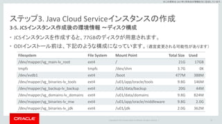 Copyright © 2017 Oracle and/or its affiliates. All rights reserved. |
※この資料は 2017年5月時点の情報を元に記述しています。
ステップ3. Java Cloud Serviceインスタンスの作成
3-5. JCSインスタンス作成後の環境情報 ～ディスク構成
• JCSインスタンスを作成すると、77GBのディスクが用意されます。
• ODIインストール前は、下記のような構成になっています。（適宜変更される可能性があります）
42
Filesystem File System Mount Point Total Size Used
/dev/mapper/vg_main-lv_root ext4 / 21G 17GB
tmpfs tmpfs /dev/shm 3.7G 0K
/dev/xvdb1 ext4 /boot 477M 388M
/dev/mapper/vg_binaries-lv_tools ext4 /u01/app/oracle/tools 9.8G 146M
/dev/mapper/vg_backup-lv_backup ext4 /u01/data/backup 20G 44M
/dev/mapper/vg_domains-lv_domains ext4 /u01/data/domains 9.8G 824M
/dev/mapper/vg_binaries-lv_mw ext4 /u01/app/oracle/middleware 9.8G 2.0G
/dev/mapper/vg_binaries-lv_jdk ext4 /u01/jdk 2.0G 362M
 