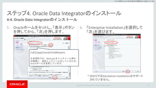 Copyright © 2017 Oracle and/or its affiliates. All rights reserved. |
※この資料は 2017年5月時点の情報を元に記述しています。
ステップ4. Oracle Data Integratorのインストール
5. Oracleホームをセットし、「表示」ボタン
を押してから、「次」を押します。
6. 「Enterprise Installation」を選択して
「次」を選びます。
60
4-4. Oracle Data Integratorのインストール
* ODICSではStandalone Installationはサポート
されていません。
/u01/app/oracle/middleware
※本資料では、WebLogicをインストール済み
の環境に、追加インストールをしているため、
Oracleホームを変更しています。
 