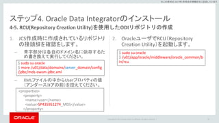 Copyright © 2017 Oracle and/or its affiliates. All rights reserved. |
※この資料は 2017年5月時点の情報を元に記述しています。
ステップ4. Oracle Data Integratorのインストール
1. JCS作成時に作成されているリポジトリ
の接頭辞を確認をします。
– 青字部分は各自のドメイン名に依存するた
め書き換えて実行してください。
– XMLファイルの中からUserプロパティの値
（アンダースコアの前）を控えてください。
2. OracleユーザでRCU（Repository
Creation Utility）を起動します。
64
4-5. RCU(Repository Creation Utility)を使用したODIリポジトリの作成
$ sudo su oracle
$ more /u01/data/domains/server_domain/config
/jdbc/mds-owsm-jdbc.xml
<properties>
<property>
<name>user</name>
<value>SP435951274_MDS</value>
</property>
$ sudo su oracle
$ /u01/app/oracle/middleware/oracle_common/b
in/rcu
 