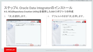 Copyright © 2017 Oracle and/or its affiliates. All rights reserved. |
※この資料は 2017年5月時点の情報を元に記述しています。
ステップ4. Oracle Data Integratorのインストール
3. 「次」を選択します。 4. デフォルトのまま「次」を押します。
65
4-5. RCU(Repository Creation Utility)を使用したODIリポジトリの作成
 