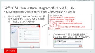 Copyright © 2017 Oracle and/or its affiliates. All rights reserved. |
※この資料は 2017年5月時点の情報を元に記述しています。
ステップ4. Oracle Data Integratorのインストール
5. リポジトリ用のDBCSのデータベース情
報を入れます。（JCSインスタンス作成
時に指定したDBCSの情報）
6. データベースに関する前提条件の
チェックが終わったら「OK」を押します。
66
4-5. RCU(Repository Creation Utility)を使用したODIリポジトリの作成
以下の設定とします。
データベース・タイプ： Oracle Database
ホスト名： <hostname> (DBCSホスト名)
ポート： 1521 (DBリスナーポート番号)
サービス名： PDB1.<idomain>.oraclecloud.internal
ユーザー名： sys
パスワード： （DBCSインスタンス作成時に指定したもの）
ロール： SYSDBA
 