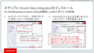 Copyright © 2017 Oracle and/or its affiliates. All rights reserved. |
※この資料は 2017年5月時点の情報を元に記述しています。
ステップ4. Oracle Data Integratorのインストール
9. ODIスキーマ（マスター、作業リポジト
リ）用のパスワードを設定します。
10. マスタリポジトリおよび作業リポジトリ
へのパスワード等を設定します。
68
4-5. RCU(Repository Creation Utility)を使用したODIリポジトリの作成
本資料では、すべてのスキーマに
同じパスワードを使用します。
パスワード例： Welcome12#
以下の設定とします。
・スーパーバイザ・パスワード 例： Welcome12#
・Work Repository Type： 空白（デフォルト 開発）
・作業リポジトリ名例：空白（デフォルト WORKREP）
・作業リポジトリ・パスワード例： Welcome12#
・暗号化アルゴリズム例：空白（デフォルト AES-128）
 