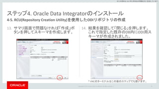 Copyright © 2017 Oracle and/or its affiliates. All rights reserved. |
※この資料は 2017年5月時点の情報を元に記述しています。
ステップ4. Oracle Data Integratorのインストール
13. サマリ画面で問題なければ「作成」ボ
タンを押してスキーマを作成します。
14. 結果を確認して「閉じる」を押します。
これで指定した既存のDB内にODI用ス
キーマが作成されました。
70
4-5. RCU(Repository Creation Utility)を使用したODIリポジトリの作成
* VNCのターミナルはこの後のステップでも使います。
 
