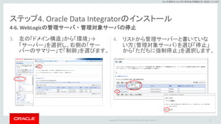 Copyright © 2017 Oracle and/or its affiliates. All rights reserved. |
※この資料は 2017年5月時点の情報を元に記述しています。
ステップ4. Oracle Data Integratorのインストール
3. 左の「ドメイン構造」から「環境」→
「サーバー」を選択し、右側の「サー
バーのサマリー」で「制御」を選びます。
4. リストから管理サーバーと書いていな
い方（管理対象サーバ）を選び「停止」
から「ただちに強制停止」を選択します。
72
4-6. WebLogicの管理サーバ・管理対象サーバの停止
 