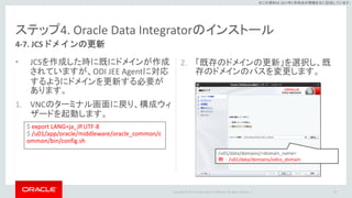Copyright © 2017 Oracle and/or its affiliates. All rights reserved. |
※この資料は 2017年5月時点の情報を元に記述しています。
ステップ4. Oracle Data Integratorのインストール
• JCSを作成した時に既にドメインが作成
されていますが、ODI JEE Agentに対応
するようにドメインを更新する必要が
あります。
1. VNCのターミナル画面に戻り、構成ウィ
ザードを起動します。
2. 「既存のドメインの更新」を選択し、既
存のドメインのパスを変更します。
74
4-7. JCSドメインの更新
$ export LANG=ja_JP.UTF-8
$ /u01/app/oracle/middleware/oracle_common/c
ommon/bin/config.sh
/u01/data/domains/<domain_name>
例：/u01/data/domains/odics_domain
 