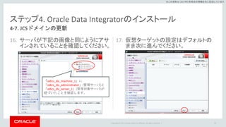 Copyright © 2017 Oracle and/or its affiliates. All rights reserved. |
※この資料は 2017年5月時点の情報を元に記述しています。
ステップ4. Oracle Data Integratorのインストール
16. サーバが下記の画像と同じようにアサ
インされていることを確認してください。
17. 仮想ターゲットの設定はデフォルトの
まま次に進んでください。
82
4-7. JCSドメインの更新
「odics_do_machine_1」に
「odics_do_administrator」(管理サーバ)と
「odics_do_server_1」(管理対象サーバ)が
紐づいたことを確認します。
 