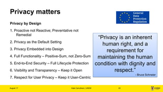 Privacy matters
Privacy by Design
1. Proactive not Reactive; Preventative not
Remedial
2. Privacy as the Default Setting
3...