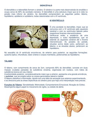 DIENCÉFALO 
O diencéfalo e o telencéfalo formam o cérebro. O cérebro é a parte mais desenvolvida do encéfalo e 
ocupa cerca de 80% da cavidade craniana. O diencéfalo é uma estrutura ímpar que só é vista na 
porção mais inferior de cérebro. Ao diencéfalo compreendem as seguintes partes: tálamo, 
hipotálamo, epitálamo e subtálamo, todas relacionadas com o III ventrículo. 
III VENTRÍCULO: 
É uma cavidade no diencéfalo, ímpar, que se 
comunica com o IV ventrículo pelo aqueduto 
cerebral e com os ventrículos laterais pelos 
respectivos forames interventriculares. 
Verifica-se então a existência de uma 
depressão, o sulco hipotalâmico, que se 
estende do aqueduto cerebral até o forame 
interventricular. As porções da parede, 
situadas acima deste sulco, pertencem ao 
tálamo; e as situadas abaixo, pertencem ao 
hipotálamo. 
No assoalho do III ventrículo encontra-se, de anterior para posterior, as seguintes formações: 
quiasma óptico, infundíbulo, túber cinéreo e corpos mamilares, pertencentes ao hipotálamo. 
TÁLAMO 
O tálamo, com comprimento de cerca de 3cm, compondo 80% do diencéfalo, consiste em duas 
massas ovuladas pareadas de substância cinzenta, organizada em núcleos, com tratos de 
substância branca em seu interior. 
A extremidade posterior, consideravelmente maior que a anterior, apresenta uma grande eminência, 
o pulvinar, que se projeta sobre os corpos geniculados lateral e medial. 
O tálamo classifica a informação, dando-nos uma idéia da sensação que estamos experimentando, 
e as direciona para as áreas específicas do cérebro para que haja uma interpretação mais precisa. 
Funções do Tálamo: Sensibilidade; Motricidade; Comportamento Emocional; Ativação do Córtex; 
Desempenha algum papel no mecanismo de vigília, ou estado de alerta. 
 