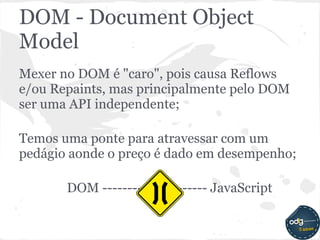 DOM - Document Object
Model
Mexer no DOM é "caro", pois causa Reflows
e/ou Repaints, mas principalmente pelo DOM
ser uma API independente;

Temos uma ponte para atravessar com um
pedágio aonde o preço é dado em desempenho;

       DOM --------------------- JavaScript
 