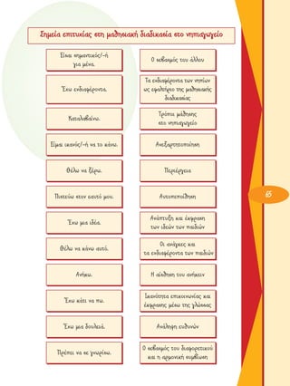 ™ËÌÂ›· ÂÈÙ˘¯›·˜ ÛÙË Ì·ıËÛÈ·Î‹ ‰È·‰ÈÎ·Û›· ÛÙÔ ÓËÈ·ÁˆÁÂ›Ô
E›Û·È ÛËÌ·ÓÙÈÎﬁ˜/-‹
ÁÈ· Ì¤Ó·.

O ÛÂ‚·ÛÌﬁ˜ ÙÔ˘ ¿ÏÏÔ˘

Œ¯ˆ ÂÓ‰È·Ê¤ÚÔÓÙ·.

T· ÂÓ‰È·Ê¤ÚÔÓÙ· ÙˆÓ ÓË›ˆÓ
ˆ˜ ÂÊ·ÏÙ‹ÚÈÔ ÙË˜ Ì·ıËÛÈ·Î‹˜
‰È·‰ÈÎ·Û›·˜

K·Ù·Ï·‚·›Óˆ.

TÚﬁÔÈ Ì¿ıËÛË˜
ÛÙÔ ÓËÈ·ÁˆÁÂ›Ô

E›Ì·È ÈÎ·Óﬁ˜/-‹ Ó· ÙÔ Î¿Óˆ.

AÓÂÍ·ÚÙËÙÔÔ›ËÛË

£¤Ïˆ Ó· Í¤Úˆ.

¶ÂÚÈ¤ÚÁÂÈ·

¶ÈÛÙÂ‡ˆ ÛÙÔÓ Â·˘Ùﬁ ÌÔ˘.

A˘ÙÔÂÔ›ıËÛË

Œ¯ˆ ÌÈ· È‰¤·.

AÓ¿Ù˘ÍË Î·È ¤ÎÊÚ·ÛË
ÙˆÓ È‰ÂÒÓ ÙˆÓ ·È‰ÈÒÓ

£¤Ïˆ Ó· Î¿Óˆ ·˘Ùﬁ.

OÈ ·Ó¿ÁÎÂ˜ Î·È
Ù· ÂÓ‰È·Ê¤ÚÔÓÙ· ÙˆÓ ·È‰ÈÒÓ

AÓ‹Îˆ.

H ·›ÛıËÛË ÙÔ˘ ·Ó‹ÎÂÈÓ

Œ¯ˆ Î¿ÙÈ Ó· ˆ.

IÎ·ÓﬁÙËÙ· ÂÈÎÔÈÓˆÓ›·˜ Î·È
¤ÎÊÚ·ÛË˜ Ì¤Ûˆ ÙË˜ ÁÏÒÛÛ·˜

Œ¯ˆ ÌÈ· ‰Ô˘ÏÂÈ¿.

AÓ¿ÏË„Ë Â˘ı˘ÓÒÓ

¶Ú¤ÂÈ Ó· ÛÂ ÁÓˆÚ›Ûˆ.

O ÛÂ‚·ÛÌﬁ˜ ÙÔ˘ ‰È·ÊÔÚÂÙÈÎÔ‡
Î·È Ë ·ÚÌÔÓÈÎ‹ Û˘Ì‚›ˆÛË

65

 