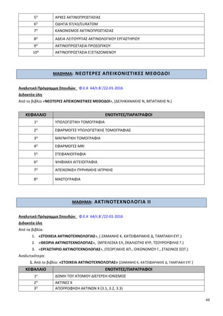 60
5Ο ΑΡΧΕΣ ΑΚΤΙΝΟΠΡΟΣΤΑΣΙΑΣ
6Ο ΟΔΗΓΙΑ 97/43/EURATOM
7Ο ΚΑΝΟΝΙΣΜΟΣ ΑΚΤΙΝΟΠΡΟΣΤΑΣΙΑΣ
8Ο ΑΔΕΙΑ ΛΕΙΤΟΥΡΓΙΑΣ ΑΚΤΙΝΟΛΟΓΙΚΟΥ ΕΡΓΑΣΤΗΡΙΟΥ
9Ο ΑΚΤΙΝΟΠΡΟΣΤΑΣΙΑ ΠΡΟΣΩΠΙΚΟΥ
10Ο ΑΚΤΙΝΟΠΡΟΣΤΑΣΙΑ ΕΞΕΤΑΖΟΜΕΝΟΥ
ΜΑΘΗΜΑ: ΝΕΩΤΕΡΕΣ ΑΠΕΙΚΟΝΙΣΤΙΚΕΣ ΜΕΘΟΔΟΙ
Αναλυτικό Πρόγραμμα Σπουδών: Φ.Ε.Κ 64/τ.Β΄/22-01-2016
Διδακτέα ύλη
Από το βιβλίο «ΝΕΟΤΕΡΕΣ ΑΠΕΙΚΟΝΙΣΤΙΚΕΣ ΜΕΘΟΔΟΙ», (ΔΕΛΗΚΑΝΑΚΗΣ Ν, ΜΠΑΤΑΚΗΣ Ν.)
ΚΕΦΑΛΑΙΟ ΕΝΟΤΗΤΕΣ/ΠΑΡΑΓΡΑΦΟΙ
1ο ΥΠΟΛΟΓΙΣΤΙΚΗ ΤΟΜΟΓΡΑΦΙΑ
2Ο ΕΦΑΡΜΟΓΕΣ ΥΠΟΛΟΓΙΣΤΙΚΗΣ ΤΟΜΟΓΡΑΦΙΑΣ
3Ο ΜΑΓΝΗΤΙΚΗ ΤΟΜΟΓΡΑΦΙΑ
4Ο ΕΦΑΡΜΟΓΕΣ MRI
5Ο ΣΤΕΦΑΝΙΟΓΡΑΦΙΑ
6Ο ΨΗΦΙΑΚΗ ΑΓΓΕΙΟΓΡΑΦΙΑ
7Ο ΑΠΕΙΚΟΝΙΣΗ ΠΥΡΗΝΙΚΗΣ ΙΑΤΡΙΚΗΣ
8Ο ΜΑΣΤΟΓΡΑΦΙΑ
ΜΑΘΗΜΑ: ΑΚΤΙΝΟΤΕΧΝΟΛΟΓΙΑ ΙΙ
Αναλυτικό Πρόγραμμα Σπουδών: Φ.Ε.Κ 64/τ.Β΄/22-01-2016
Διδακτέα ύλη
Από τα βιβλία:
1. «ΣΤΟΙΧΕΙΑ ΑΚΤΙΝΟΤΕΧΝΟΛΟΓΙΑΣ», ( ΖΑΜΑΝΗΣ Κ, ΚΑΤΣΙΦΑΡΑΚΗΣ Δ, ΤΑΜΠΑΚΗ ΕΥΓ.)
2. «ΘΕΩΡΙΑ ΑΚΤΙΝΟΤΕΧΝΟΛΟΓΙΑΣ», (ΜΠΕΛΕΣΚΑ ΕΛ, ΣΚΑΛΙΩΤΗΣ ΚΥΡ, ΤΣΟΥΡΟΥΦΛΗΣ Γ.)
3. «ΕΡΓΑΣΤΗΡΙΟ ΑΚΤΙΝΟΤΕΧΝΟΛΟΓΙΑΣ», (ΓΕΩΡΓΑΚΗΣ ΑΠ., ΟΙΚΟΝΟΜΟΥ Γ., ΣΤΑΣΙΝΟΣ ΣΩΤ.)
Αναλυτικότερα:
1. Από το βιβλίο: «ΣΤΟΙΧΕΙΑ ΑΚΤΙΝΟΤΕΧΝΟΛΟΓΙΑΣ» (ΖΑΜΑΝΗΣ Κ, ΚΑΤΣΙΦΑΡΑΚΗΣ Δ, ΤΑΜΠΑΚΗ ΕΥΓ.)
ΚΕΦΑΛΑΙΟ ΕΝΟΤΗΤΕΣ/ΠΑΡΑΓΡΑΦΟΙ
1ο ΔΟΜΗ ΤΟΥ ΑΤΟΜΟΥ-ΔΙΕΓΕΡΣΗ-ΙΟΝΙΣΜΟΣ
2Ο ΑΚΤΙΝΕΣ Χ
3Ο ΑΠΟΡΡΟΦΗΣΗ ΑΚΤΙΝΩΝ Χ (3.1, 3.2, 3.3)
 