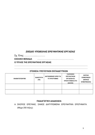 ΣΧΕΔΙΟ ΥΠΟΒΟΛΗΣ ΕΡΕΥΝΗΤΙΚΗΣ ΕΡΓΑΣΙΑΣ
Σχ. Έτος: ………….......……….
ΣΧΟΛΙΚΗ ΜΟΝΑΔΑ …………………………………………………
Ο ΤΙΤΛΟΣ ΤΗΣ ΕΡΕΥΝΗΤΙΚΗΣ ΕΡΓΑΣΙΑΣ:
.......................................................................................................................................................................................
.......................................................................................................................................................................................
ΣΤΟΙΧΕΙΑ ΥΠΕΥΘΥΝΩΝ ΕΚΠΑΙΔΕΥΤΙΚΩΝ
ΟΝΟΜΑΤΕΠΩΝΥΜΟ
ΕΙΔΙΚΟΤΗΤΑ
(ΠΕ)
ΔΙΑΤΙΘΕΜΕΝΕΣ ΩΡΕΣ ΓΙΑ
ΤΟ ΠΡΟΓΡΑΜΜΑ
ΥΛΟΠΟΙΗΣΗ
ΕΡΕΥΝΗΤΙΚΩΝ
ΕΡΓΑΣΙΩΝ ΣΕ
ΠΡΟΗΓΟΥΜΕΝΑ ΕΤΗ
(ΝΑΙ/ΟΧΙ)
ΣΧΕΤΙΚΗ
ΕΠΙΜΟΡΦΩΣΗ
(ΦΟΡΕΑΣ
ΕΠΙΜΟΡΦΩΣΗΣ)
ΠΑΙΔΑΓΩΓΙΚΗ ΔΙΑΔΙΚΑΣΙΑ
A. ΣΚΟΠΟΣ ΕΡΕΥΝΑΣ, ΣΑΦΩΣ ΔΙΑΤΥΠΩΜΕΝΑ ΕΡΕΥΝΗΤΙΚΑ ΕΡΩΤΗΜΑΤΑ
(Μέχρι 250 λέξεις):
8
 
