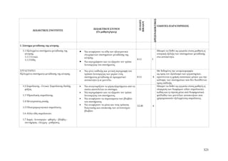 ΩΡΕΣΕΝΔΕΙΚΤΙΚΕΣ
                                                                                                  ΣΕΛΙΔΕΣ
                                                                                                 ΒΙΒΛΙΟΥ
                                                                                                                                  ΟΔΗΓΙΕΣ-ΠΑΡΑΤΗΡΗΣΕΙΣ
                                                          ΔΙΔΑΚΤΙΚΟΙ ΣΤΟΧΟΙ
           ΔΙΔΑΚΤΙΚΕΣ ΕΝΟΤΗΤΕΣ
                                                            (Οι μαθητές/τριες)




1. Σύστημα μετάδοσης της κίνησης

  1.1 Εξελιγμένα συστήματα μετάδοσης της       •   Να αναφέρουν τα είδη των ηλεκτρονικά                                           Μπορεί να δοθεί ως εργασία στους μαθητές η
    κίνησης.                                       ελεγχόμενων συστημάτων μετάδοσης της                                           ιστορική εξέλιξη των συστημάτων μετάδοσης
    1.1.1 Γενικά.                                  κίνησης.                                                                       στα αυτοκίνητα.
    1.1.2 Είδη.                                                                                 8-11        3
                                               •   Να περιγράφουν και να εξηγούν τον τρόπο
                                                   λειτουργίας του συστήματος.

ΕΡΓΑΣΤΗΡΙΟ:                                    •   Να γίνει επίδειξη και γενική περιγραφή του                                     Με δεδομένη την ανομοιομορφία
Εξελιγμένα συστήματα μετάδοσης της κίνησης         τρόπου λειτουργίας των μερών ενός                                              ως προς τον εξοπλισμό των εργαστηρίων,
                                                   συστήματος μετάδοσης σε πραγματικό           8-11        8                     προτείνεται η χρήση εποπτικών μέσων για την
                                                   αυτοκίνητο ή σε μοντέλο.                                                       κάλυψη των συστημάτων που δεν διατίθενται
                                                                                                                                  προς επίδειξη.
  1.2 Συμπλέκτης - Γενικά. Συμπλέκτης διπλής   •   Να αναγνωρίζουν τα μέρη-εξαρτήματα από τα                                      Μπορεί να δοθεί ως εργασία στους μαθητές η
    μάζας.                                         οποία αποτελείται το σύστημα.                                                  σύγκριση των διαφόρων ειδών συμπλεκτών,
                                               •   Να περιγράφουν και να εξηγούν τον τρόπο                                        καθώς και η εύρεση μέσα από διαφημιστικά
  1.3 Υδραυλικός συμπλέκτης.                       λειτουργίας του συστήματος.                                                    φυλλάδια των μοντέλων αυτοκινήτων που
                                               •   Να αναφέρουν τα συμπτώματα των βλαβών                                          χρησιμοποιούν εξελιγμένους συμπλέκτες.
  1.4 Μετατροπέας ροπής.                           του συστήματος.
                                               •   Να αναφέρουν τα μέσα και τους τρόπους     12-28          6
  1.5 Ηλεκτρομαγνητικοί συμπλέκτες.                διάγνωσης και επισκευής των αντιστοίχων
                                                   βλαβών.
  1.6 Αλλά είδη συμπλεκτών.

  1.7 Δομή - λειτουργία - φθορές – βλάβες -
    συντήρηση - έλεγχος - ρυθμίσεις.




                                                                                                                                                                          323
 