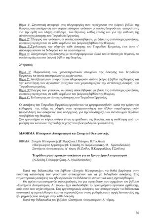 Βήμα 1ο .Συνοπτική αναφορά στις πληροφορίες που περιέχονται στο (κύριο) βιβλίο της
 θεωρίας και επισήμανση των σημαντικότερων γνώσεων οι οποίες θεωρούνται απαραίτητες
 για την ορθή και πλήρη αντίληψη του θέματος, καθώς επίσης και για την επίλυση της
 αντίστοιχης άσκησης του Τετραδίου Εργασίας.
 Βήμα 2ο .Έλεγχος των γνώσεων, οι οποίες αποκτήθηκαν, με βάση τις αντίστοιχες ερωτήσεις,
 οι οποίες περιέχονται σε κάθε κεφάλαιο του (κύριου) βιβλίου της θεωρίας.
 Βήμα 3ο.Σχολιασμός των οδηγιών κάθε άσκησης του Τετραδίου Εργασίας, έτσι ώστε ν’
 αποσαφηνιστούν τα δεδομένα και τα απαιτούμενα.
 Βήμα 4ο. Συσχετισμός της άσκησης με το πληροφοριακό υλικό του αντίστοιχου θέματος, το
 οποίο περιέχεται στο (κύριο) βιβλίο της θεωρίας.

 2ος τρόπος

 Βήμα 1ο .Παρουσίαση των χαρακτηριστικών στοιχείων της άσκησης του Τετραδίου
 Εργασίας, τα οποία επισημαίνονται ως άγνωστα.
 Βήμα 2ο .Αναζήτηση των απαραίτητων πληροφοριών από το (κύριο ) βιβλίο της θεωρίας και
 την κατανόηση των άγνωστων στοιχείων που χαρακτηρίζουν την αντίστοιχη άσκηση του
 Τετραδίου εργασίας.
 Βήμα 3ο.Έλεγχος των γνώσεων, οι οποίες αποκτήθηκαν, με βάση τις αντίστοιχες ερωτήσεις,
 οι οποίες περιέχονται σε κάθε κεφάλαιο του (κύριου) βιβλίου της θεωρίας.
 Βήμα 4ο. Επίλυση της αντίστοιχης άσκησης του Τετραδίου Εργασίας.

 Οι ασκήσεις του Τετραδίου Εργασίας προτείνεται να χρησιμοποιηθούν κατά την κρίση του
 καθηγητή της τάξης ως οδηγός στην πραγματοποίηση των άλλων συμπληρωματικών
 (παραλλαγές των ασκήσεων που υπάρχουν), για την υποστήριξη των αντίστοιχων θεμάτων
 του βιβλίου της θεωρίας.
 Στο εργαστήριο οι κύριοι στόχοι είναι η εμπέδωση της θεωρίας και η υιοθέτηση από τον
 μαθητή των κανόνων της "καλής τέχνης" του ηλεκτρολόγου εγκαταστάτη.


 ΜΑΘΗΜΑ: Ηλεκτρικοί Αυτοματισμοί και Στοιχεία Ηλεκτρονικής

 ΒΙΒΛΙΑ: Στοιχεία Ηλεκτρονικής (Π.Βαρζάκα, Ι.Πάσχου, Π.Τσελέκα)
          Ηλεκτρολογικό Εργαστήριο (Φ. Τοπαλή, Ν. Χαραλαμπάκη, Θ. Χριστοδούλου)
          Συστήματα Αυτοματισμών, Α΄ τόμος (Ν.Ζούλη, Π.Καφφετζάκη, Γ.Σούλτη)

           Τετράδιο εργαστηριακών ασκήσεων για το Εργαστήριο Αυτοματισμού
           (Ν.Ζούλη, Π.Καφφετζάκη, Α. Νικολόπουλου)


     Κατά την διδασκαλία του βιβλίου «Στοιχεία Ηλεκτρονικής», να δοθεί βαρύτητα στην
ποιοτική κατανόηση των γνωστικών αντικειμένων και να μη διδαχθούν ασκήσεις. Στις
εργαστηριακές ασκήσεις των ηλεκτρονικών να διδάσκεται συνοπτικά και η σχετική θεωρία.
     Θα πρέπει να επισημανθεί στους μαθητές, ότι για τη σχεδίαση των σχημάτων του βιβλίου
«Συστήματα Αυτοματισμών, Α΄ τόμος» έχει ακολουθηθεί το προηγούμενο πρότυπο σχεδίασης,
από αυτό που ισχύει σήμερα. Στις εργαστηριακές ασκήσεις των αυτοματισμών να διδάσκεται
συνοπτικά η σχετική θεωρία και να παρουσιάζεται στους μαθητές και η αρχή λειτουργίας της
ηλ. μηχανής που υπάρχει στην κάθε άσκηση.
     Κατά την διδασκαλία του βιβλίου «Συστήματα Αυτοματισμών» Α΄ τόμος,



                                                                                      36
 