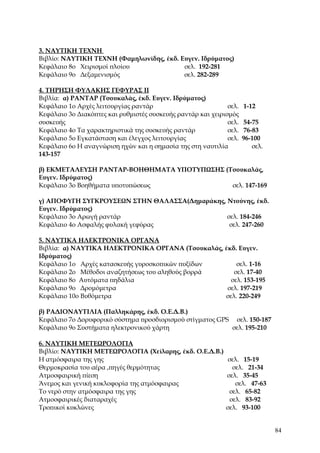 3. ΝΑΥΤΙΚΗ ΤΕΧΝΗ
Βιβλίο: ΝΑΥΤΙΚΗ ΤΕΧΝΗ (Φαμηλωνίδης, έκδ. Ευγεν. Ιδρύματος)
Κεφάλαιο 8ο Χειρισμοί πλοίου              σελ. 192-281
Κεφάλαιο 9ο Δεξαμενισμός                  σελ. 282-289

4. ΤΗΡΗΣΗ ΦΥΛΑΚΗΣ ΓΕΦΥΡΑΣ ΙΙ
Βιβλία: α) ΡΑΝΤΑΡ (Τσουκαλάς, έκδ. Ευγεν. Ιδρύματος)
Κεφάλαιο 1ο Αρχές λειτουργίας ραντάρ                          σελ.   1-12
Κεφάλαιο 3ο Διακόπτες και ρυθμιστές συσκευής ραντάρ και χειρισμός
συσκευής                                                      σελ.    54-75
Κεφάλαιο 4ο Τα χαρακτηριστικά της συσκευής ραντάρ             σελ.    76-83
Κεφάλαιο 5ο Εγκατάσταση και έλεγχος λειτουργίας               σελ.   96-100
Κεφάλαιο 6ο Η αναγνώριση ηχών και η σημασία της στη ναυτιλία             σελ.
143-157

β) ΕΚΜΕΤΑΛΕΥΣΗ ΡΑΝΤΑΡ-ΒΟΗΘΗΜΑΤΑ ΥΠΟΤΥΠΩΣΗΣ (Τσουκαλάς,
Ευγεν. Ιδρύματος)
Κεφάλαιο 3ο Βοηθήματα υποτυπώσεως            σελ. 147-169

γ) ΑΠΟΦΥΓΗ ΣΥΓΚΡΟΥΣΕΩΝ ΣΤΗΝ ΘΑΛΑΣΣΑ(Δημαράκης, Ντούνης, έκδ.
Ευγεν. Ιδρύματος)
Κεφάλαιο 3ο Αρωγή ραντάρ                       σελ. 184-246
Κεφάλαιο 4ο Ασφαλής φυλακή γεφύρας              σελ. 247-260

5. ΝΑΥΤΙΚΑ ΗΛΕΚΤΡΟΝΙΚΑ ΟΡΓΑΝΑ
Βιβλία: α) ΝΑΥΤΙΚΑ ΗΛΕΚΤΡΟΝΙΚΑ ΟΡΓΑΝΑ (Τσουκαλάς, έκδ. Ευγεν.
Ιδρύματος)
Κεφάλαιο 1ο Αρχές κατασκευής γυροσκοπικών πυξίδων     σελ. 1-16
Κεφάλαιο 2ο Μέθοδοι αναζητήσεως του αληθούς βορρά    σελ. 17-40
Κεφάλαιο 8ο Αυτόματα πηδάλια                        σελ. 153-195
Κεφάλαιο 9ο Δρομόμετρα                             σελ. 197-219
Κεφάλαιο 10ο Βυθόμετρα                            σελ. 220-249

β) ΡΑΔΙΟΝΑΥΤΙΛΙΑ (Παλληκάρης, έκδ. Ο.Ε.Δ.Β.)
Κεφάλαιο 7ο Δορυφορικό σύστημα προσδιορισμού στίγματος GPS σελ. 150-187
Κεφάλαιο 9ο Συστήματα ηλεκτρονικού χάρτη                  σελ. 195-210

6. ΝΑΥΤΙΚΗ ΜΕΤΕΩΡΟΛΟΓΙΑ
Βιβλίο: ΝΑΥΤΙΚΗ ΜΕΤΕΩΡΟΛΟΓΙΑ (Χείλαρης, έκδ. Ο.Ε.Δ.Β.)
Η ατμόσφαιρα της γης                                         σελ. 15-19
Θερμοκρασία του αέρα ,πηγές θερμότητας                         σελ. 21-34
Ατμοσφαιρική πίεση                                           σελ. 35-45
Άνεμος και γενική κυκλοφορία της ατμόσφαιρας                    σελ. 47-63
Το νερό στην ατμόσφαιρα της γης                               σελ. 65-82
Ατμοσφαιρικές διαταραχές                                      σελ. 83-92
Τροπικοί κυκλώνες                                            σελ. 93-100


                                                                                84
 