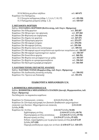 10.14 Μελέτη μεγάλου ταξιδίου                                  σελ. 469 471
Κεφάλαιο 11ο Παλίρροιες
     11.1 Στοιχεία παλίρροιας (εδάφ. 1, 3, 4, 6, 7, 10, 17)          σελ. 491-506
     11.3 Παλιρροϊκά ρεύματα (εδάφ. 1, 2)                            σελ. 525-527

2. ΜΕΤΑΦΟΡΑ ΦΟΡΤΙΩΝ
Βιβλίο: ΕΥΣΤΑΘΕΙΑ ΦΟΡΤΩΣΗ (Κολλινιάτης, έκδ. Ευγεν. Ιδρύματος)
Κεφάλαιο 16ο Είδη φορτίων                                  σελ. 202-207
Κεφάλαιο 19ο Μέτρα πριν την φόρτωση                          σελ. 257-260
Κεφάλαιο 20ο Φόρτωση και εκφόρτωση                          σελ. 261-266
Κεφάλαιο 21ο Ζημιές του φορτίου                             σελ. 267-271
Κεφάλαιο 22ο Εξαερισμός φορτίου                            σελ. 272-277
Κεφάλαιο 23ο Μεταφορά σιτηρών                              σελ. 278-294
Κεφάλαιο 24ο Μεταφορά ξυλείας                              σελ. 295-308
Κεφάλαιο 25ο Φορτία πάνω στο κατάστρωμα                     σελ. 309-311
Κεφάλαιο 27ο Μεταφορά αργού πετρελαίου και προϊόντων πετρελαίου σελ. 320-337
Κεφάλαιο 28ο Μεταφορά υγροποιημένων αερίων                    σελ. 338-347
Κεφάλαιο 29ο Επικίνδυνα φορτία                               σελ. 348-354
Κεφάλαιο 30ο Φορτία που μεταφέρονται με ψύξη                  σελ. 355-357
Κεφάλαιο 31ο Φορτία σε εμπορευματοκιβώτια                    σελ. 358-363
Κεφάλαιο 32ο Εξελιγμένη μορφή μεταφορών                      σελ. 364-368

3. ΝΑΥΤΙΚΗ ΤΕΧΝΗ / ΕΚΤΑΚΤΕΣ ΑΝΑΓΚΕΣ
Βιβλίο: ΝΑΥΤΙΚΗ ΤΕΧΝΗ (Φαμηλωνίδης, έκδ. Ευγεν. Ιδρύματος)
Κεφάλαιο 10ο Διαδικασίες έκτακτης ανάγκης                  σελ. 290-352
Κεφάλαιο 11ο Έρευνα και διάσωση)                        σελ. 353-376


                       ΕΙΔΙΚΟΤΗΤΑ ΜΗΧΑΝΙΚΩΝ Ε.Ν.

1. ΒΟΗΘΗΤΙΚΑ ΜΗΧΑΝΗΜΑΤΑ ΙΙ
Βιβλίο: ΒΟΗΘΗΤΙΚΑ ΜΗΧΑΝΗΜΑΤΑ ΠΛΟΙΩΝ (Δανιήλ, Μιμηκοπούλου, έκδ.
Ευγεν. Ιδρύματος)
Να διδαχτούν τα παρακάτω κεφάλαια:

Κεφάλαιο 1ο: Εισαγωγικές γνώσεις              (§ 1.1-1.3 Σελίδες 1-5)
Κεφάλαιο 2ο: Σύντομη περιγραφή των βασικών βοηθητικών μηχανημάτων
συσκευών και δικτύων. Μηχανήματα και συσκευές                        (§ 2.1.2-2.8
Σελίδες 9-33)
Κεφάλαιο 4ο: Αντλίες                          (§ 4.1-4.7 Σελίδες 54-68)
              Εμβολοφόρες αντλίες                     (§ 4.8-4.15 Σελίδες 68-74)
              Περιστροφικές αντλίες εκτοπίσεως        (§ 4.24-4.31 Σελίδες 87-94)
              Φυγοκεντρικές αντλίες           (§ 4.33-4.37 Σελίδες 97-103)
              Ειδικές παρατηρήσεις για τις φυγοκεντρικές αντλίες (§ 4.47-4.49
              Σελίδες 117-120)
              Παροχή-απόδοση και ισχύς των αντλιών (§ 4.50-4.57 Σελ. 120-127)



                                                                                    88
 