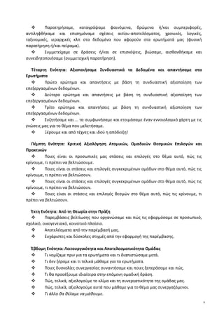  Παρατηρήσαμε, καταγράψαμε φαινόμενα, δρώμενα ή/και συμπεριφορές,
αντιληφθήκαμε και επισημάναμε σχέσεις αιτίου-αποτελέσματος, χρονικές, λογικές,
ταξινομικές, ιεραρχικές κλπ στα δεδομένα που αφορούν στα ερωτήματά μας (φυσική
παρατήρηση ή/και πείραμα).
 Συμμετείχαμε σε δράσεις ή/και σε επισκέψεις, βιώσαμε, αισθανθήκαμε και
συνειδητοποιήσαμε (συμμετοχική παρατήρηση).
Τέταρτη Ενότητα: Αξιοποιήσαμε Συνδυαστικά τα Δεδομένα και απαντήσαμε στα
Ερωτήματα
 Πρώτο ερώτημα και απαντήσεις με βάση τη συνδυαστική αξιοποίηση των
επεξεργασμένων δεδομένων.
 Δεύτερο ερώτημα και απαντήσεις με βάση τη συνδυαστική αξιοποίηση των
επεξεργασμένων δεδομένων.
 Τρίτο ερώτημα και απαντήσεις με βάση τη συνδυαστική αξιοποίηση των
επεξεργασμένων δεδομένων.
 Συζητήσαμε και … τα συμφωνήσαμε και ετοιμάσαμε έναν εννοιολογικό χάρτη με τις
γνώσεις μας για το θέμα που μελετήσαμε.
 Ξέρουμε και από τέχνες και ιδού η απόδειξη!
Πέμπτη Ενότητα: Κριτική Αξιολόγηση Ατομικών, Ομαδικών Θεσμικών Επιλογών και
Πρακτικών
 Ποιες είναι οι προσωπικές μας στάσεις και επιλογές στο θέμα αυτό, πώς τις
κρίνουμε, τι πρέπει να βελτιώσουμε.
 Ποιες είναι οι στάσεις και επιλογές συγκεκριμένων ομάδων στο θέμα αυτό, πώς τις
κρίνουμε, τι πρέπει να βελτιώσουν.
 Ποιες είναι οι στάσεις και επιλογές συγκεκριμένων ομάδων στο θέμα αυτό, πώς τις
κρίνουμε, τι πρέπει να βελτιώσουν.
 Ποιες είναι οι στάσεις και επιλογές θεσμών στο θέμα αυτό, πώς τις κρίνουμε, τι
πρέπει να βελτιώσουν.
Έκτη Ενότητα: Από τη Θεωρία στην Πράξη
 Παρεμβάσεις βελτίωσης που οργανώσαμε και πώς τις εφαρμόσαμε σε προσωπικό,
σχολικό, οικογενειακό, κοινοτικό πλαίσιο.
 Αποτελέσματα από την παρέμβασή μας.
 Ευχάριστες και δύσκολες στιγμές από την εφαρμογή της παρέμβασης.
Έβδομη Ενότητα: Λειτουργικότητα και Αποτελεσματικότητα Ομάδας
 Τι νομίζαμε πριν για τα ερωτήματα και τι διαπιστώσαμε μετά.
 Τι δεν ξέραμε και τι τελικά μάθαμε για τα ερωτήματα.
 Ποιες δυσκολίες συνεργασίας συναντήσαμε και ποιες ξεπεράσαμε και πώς.
 Τι θα προσέξουμε ιδιαίτερα στην επόμενη ομαδική δράση.
 Πώς, τελικά, αξιολογούμε το κλίμα και τη συνεργατικότητα της ομάδας μας.
 Πώς, τελικά, αξιολογούμε αυτά που μάθαμε για το θέμα μας συνεργαζόμενοι.
 Τι άλλο θα θέλαμε να μάθουμε.
9
 