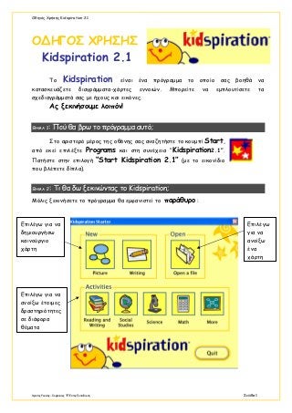 Οδηγός Χρήσης Kidspiration 2.1
Χρίστος Ρουσιάς – Σύμβούλος ΤΠΕ στην Εκπαίδευση Σελίδα 1
Ο∆ΗΓΟΣ ΧΡΗΣΗΣ
Kidspiration 2.1
Το Κidspiration είναι ένα πρόγραμμα το οποίο σας βοηθά να
κατασκευάζετε διαγράμματα-χάρτες εννοιών. Μπορείτε να εμπλουτίσετε τα
σχεδιαγράμματά σας με ήχους και εικόνες.
Ας ξεκινήσουμε λοιπόν!
ΒΒΒΗΗΗΜΜΜΑΑΑ 111::: ΠΠΠοοούύύ θθθααα βββρρρωωω τττοοο πππρρρόόόγγγρρραααμμμμμμααα αααυυυτττόόό;;;
Στο αριστερό μέρος της οθόνης σας αναζητήστε το κουμπί Start,
από εκεί επιλέξτε Programs και στη συνέχεια “Kidspiration2.1”.
Πατήστε στην επιλογή “Start Kidspiration 2.1” (με το εικονίδιο
που βλέπετε δίπλα).
ΒΒΒΗΗΗΜΜΜΑΑΑ 222::: ΤΤΤιιι θθθααα δδδωωω ξξξεεεκκκιιινννώώώνννττταααςςς τττοοο KKKiiidddssspppiiirrraaatttiiiooonnn;;;
Μόλις ξεκινήσετε το πρόγραμμα θα εμφανιστεί το παράθυρο :
Επιλέγω για να
δημιουργήσω
καινούργιο
χάρτη
Επιλέγω
για να
ανοίξω
ένα
χάρτη
Επιλέγω για να
ανοίξω έτοιμες
δραστηριότητες
σε διάφορα
θέματα
 