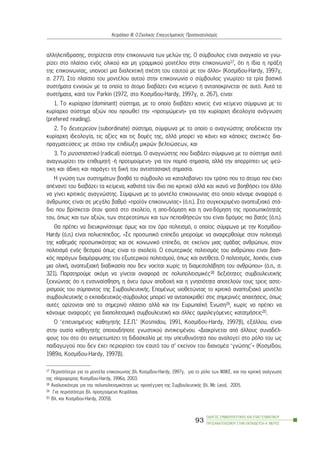 áëëçëåðßäñáóçò, óôçñßæåôáé óôçí åðéêïéíùíßá ôùí ìåëþí ôçò. Ï óýìâïõëïò åßíáé áíáãêáßï íá ãíù-
ñßæåé óôï ðëáßóéï åíüò ïëéêïý êáé ìç ãñáììéêïý ìïíôÝëïõ óôçí åðéêïéíùíßá17, üôé ç ßäéá ç ðñÜîç
ôçò åðéêïéíùíßáò, õðïíïåß ìéá äéáëåêôéêÞ ó÷Ýóç ôïõ åáõôïý ìå ôïí Üëëï» (Êïóìßäïõ-Hardy, 1997ã,
ó. 277). Óôï ðëáßóéï ôïõ ìïíôÝëïõ áõôïý óôçí åðéêïéíùíßá ï óýìâïõëïò ãíùñßæåé ôá ôñßá âáóéêÜ
óõóôÞìáôá åííïéþí ìå ôá ïðïßá ôï Üôïìï äéáâÜæåé Ýíá êåßìåíï Þ áíôáðïêñßíåôáé óå áõôü. ÁõôÜ ôá
óõóôÞìáôá, êáôÜ ôïí Parkin (1972, óôï Êïóìßäïõ-Hardy, 1997ã, ó. 267), åßíáé:
1. Ôï êõñßáñ÷ï (dominant) óýóôçìá, ìå ôï ïðïßï äéáâÜæåé êáíåßò Ýíá êåßìåíï óýìöùíá ìå ôï
êõñßáñ÷ï óýóôçìá áîéþí ðïõ ðñïùèåß ôçí «ðñïôéìþìåíç» ãéá ôçí êõñßáñ÷ç éäåïëïãßá áíÜãíùóç
(prefered reading).
2. Ôï äåõôåñåýïí (subordinate) óýóôçìá, óýìöùíá ìå ôï ïðïßï ï áíáãíþóôçò áðïäÝ÷åôáé ôçí
êõñßáñ÷ç éäåïëïãßá, ôéò áîßåò êáé ôéò äïìÝò ôçò, áëëÜ ìðïñåß íá êÜíåé êáé êÜðïéåò ó÷åôéêÝò äéá-
ðñáãìáôåýóåéò ìå óôü÷ï ôçí åðéäßùîç ìéêñþí âåëôéþóåùí, êáé
3. Ôï ñéæïóðáóôéêü (radical) óýóôçìá. Ï áíáãíþóôçò ðïõ äéáâÜæåé óýìöùíá ìå ôï óýóôçìá áõôü
áíáãíùñßæåé ôçí åðéèõìçôÞ -Þ ðñïôéìïýìåíç- ãéá ôïí ðïìðü óçìáóßá, áëëÜ ôçí áðïññßðôåé ùò øåý-
ôéêç êáé Üäéêç êáé ðáñÜãåé ôç äéêÞ ôïõ áíôéóôáóéáêÞ óçìáóßá.
Ç ãíþóç ôùí óõóôçìÜôùí âïçèÜ ôï óýìâïõëï íá êáôáëáâáßíåé ôïí ôñüðï ðïõ ôï Üôïìï ðïõ Ý÷åé
áðÝíáíôß ôïõ äéáâÜæåé ôá êåßìåíá, êáèéóôÜ ôïí ßäéï ðéï êñéôéêü áëëÜ êáé éêáíü íá âïçèÞóåé ôïí Üëëï
íá ãßíåé êñéôéêüò áíáãíþóôçò. Óýìöùíá ìå ôï ìïíôÝëï åðéêïéíùíßáò óôï ïðïßï êÜíáìå áíáöïñÜ ï
Üíèñùðïò åßíáé óå ìåãÜëï âáèìü «ðñïúüí åðéêïéíùíßáò» (ü.ð.). Óôï óõãêåêñéìÝíï áíáðôõîéáêü óôÜ-
äéï ðïõ âñßóêåôáé üôáí öïéôÜ óôï ó÷ïëåßï, ç áðï-äüìçóç êáé ç áíá-äüìçóç ôçò ðñïóùðéêüôçôÜò
ôïõ, üðùò êáé ôùí áîéþí, ôùí óôåñåïôýðùí êáé ôùí ðåðïéèÞóåþí ôïõ åßíáé äñüìïò ðéï âáôüò (ü.ð.).
Èá ðñÝðåé íá äéåõêñéíßóïõìå üìùò êáé ôïí üñï ðïëéôéóìü, ï ïðïßïò óýìöùíá ìå ôçí Êïóìßäïõ-
Hardy (ü.ð.) åßíáé ðïëõåðßðåäïò. «Óå ðñïóùðéêü åðßðåäï ìðïñïýìå íá áíáöåñèïýìå óôïí ðïëéôéóìü
ôçò êáèåìéÜò ðñïóùðéêüôçôáò êáé óå êïéíùíéêü åðßðåäï, óå åêåßíïí ìéáò ïìÜäáò áíèñþðùí, óôïí
ðïëéôéóìü åíüò èåóìïý üðùò åßíáé ôï ó÷ïëåßï. Ï åóùôåñéêüò ðïëéôéóìüò ôïõ áíèñþðïõ åßíáé âáóé-
êüò ðáñÜãùí äéáìüñöùóçò ôïõ åîùôåñéêïý ðïëéôéóìïý, üðùò êáé áíôßèåôá. Ï ðïëéôéóìüò, ëïéðüí, åßíáé
ìéá ïëéêÞ, áíáðôõîéáêÞ äéáäéêáóßá ðïõ äåí íïåßôáé ÷ùñßò ôç äéáìåóïëÜâçóç ôïõ áíèñþðïõ» (ü.ð., ó.
321). Ðáñáôçñïýìå áêüìç íá ãßíåôáé áíáöïñÜ óå ðïëõðïëéôéóìéêÝò18 äåîéüôçôåò óõìâïõëåõôéêÞò
îå÷íþíôáò üôé ç åíóõíáßóèçóç, ç Üíåõ üñùí áðïäï÷Þ êáé ç ãíçóéüôçôá áðïôåëïýí ôïõò ôñåéò áóôå-
ñéóìïýò ôïõ óýìðáíôïò ôçò ÓõìâïõëåõôéêÞò. ÅðïìÝíùò õéïèåôþíôáò ôï êñéôéêü áíáðôõîéáêü ìïíôÝëï
óõìâïõëåõôéêÞò ï åêðáéäåõôéêüò-óýìâïõëïò ìðïñåß íá áíôáðïêñéèåß óôéò óçìåñéíÝò áðáéôÞóåéò, üðùò
áõôÝò ïñßæïíôáé áðü ôï óçìåñéíü ðëáßóéï áëëÜ êáé ôçí ÅõñùðáúêÞ ¸íùóç19, ÷ùñßò íá ðñÝðåé íá
êÜíïõìå áíáöïñÝò ãéá äéáðïëéôéóìéêÞ óõìâïõëåõôéêÞ êáé Üëëåò áìöéëåãüìåíåò êáôáôìÞóåéò20.
Ï ‘åðéôõ÷çìÝíïò êáèçãçôÞò Ó.Å.Ð.’ (Kosmidou, 1991, Êïóìßäïõ-Hardy, 1997â), åîÜëëïõ, åßíáé
óôçí ïõóßá êáèçãçôÞò ïðïéïõäÞðïôå ãíùóôéêïý áíôéêåéìÝíïõ. «Äéáêñßíåôáé áðü Üëëïõò óõíáäÝë-
öïõò ôïõ óôï üôé áíôéìåôùðßæåé ôç äéäáóêáëßá ìå ôçí õðåõèõíüôçôá ðïõ áíáëïãåß óôï ñüëï ôïõ ùò
ðáéäáãùãïý ðïõ äåí Ý÷åé ðåñéïñßóåé ôïí åáõôü ôïõ ó’ åêåßíïí ôïõ äéáíïìÝá ‘ãíþóçò’» (Êïóìßäïõ,
1989á, Êïóìßäïõ-Hardy, 1997â).
ÏÄÇÃÏÓ ÓÕÌÂÏÕËÅÕÔÉÊÇÓ ÊÁÉ ÅÐÁÃÃÅËÌÁÔÉÊÏÕ
ÐÑÏÓÁÍÁÔÏËÉÓÌÏÕ ÓÔÇÍ ÅÊÐÁÉÄÅÕÓÇ-Á´ ÌÅÑÏÓ
93
ÊåöÜëáéï ÉÉÉ: Ï Ó÷ïëéêüò Åðáããåëìáôéêüò Ðñïóáíáôïëéóìüò
17 Ðåñéóóüôåñá ãéá ôá ìïíôÝëá åðéêïéíùíßáò âë. Êïóìßäïõ-Hardy, 1997ã, ãéá ôï ñüëï ôùí Ì.Ì.Å. êáé ôçí êñéôéêÞ áíÜãíùóç
ôçò ðëçñïöïñßáò Êïóìßäïõ-Hardy, 1996á, 2003.
18 Áíáëõôéêüôåñá ãéá ôçí ðïëõðïëéôéóìéêüôçôá ùò ðñïóÝããéóç ôçò ÓõìâïõëåõôéêÞò âë. Mc Leod, 2005.
19 Ãéá ðåñéóóüôåñá âë. ðñïçãïýìåíá ÊåöÜëáéá.
20 Âë. êáé Kïóìßäïõ-Hardy, 2005â.
 