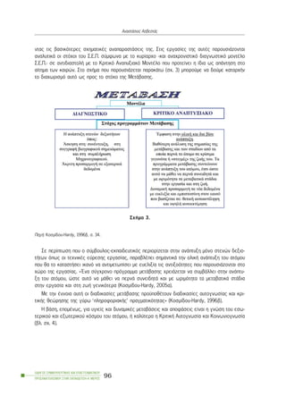 íôáò ôéò âáóéêüôåñåò ó÷çìáôéêÝò áíáðáñáóôÜóåéò ôçò. Óôéò åñãáóßåò ôçò áõôÝò ðáñïõóéÜæïíôáé
áíáëõôéêÜ ïé óôü÷ïé ôïõ Ó.Å.Ð. óýìöùíá ìå ôï êõñßáñ÷ï -êáé áíá÷ñïíéóôéêü äéáãíùóôéêü ìïíôÝëï
Ó.Å.Ð.- óå áíôéäéáóôïëÞ ìå ôï Êñéôéêü Áíáðõîéáêü MïíôÝëï ðïõ ðñïôåßíåé ç ßäéá ùò áðÜíôçóç óôï
áßôçìá ôùí êáéñþí. Óôï ó÷Þìá ðïõ ðáñïõóéÜæåôáé ðáñáêÜôù (ó÷. 3) ìðïñïýìå íá äïýìå êáôáñ÷Þí
ôï äéá÷ùñéóìü áõôü ùò ðñïò ôï óôü÷ï ôçò ÌåôÜâáóçò.
ÐçãÞ: Êïóìßäïõ-Hardy, 1996â, ó. 34.
Óå ðåñßðôùóç ðïõ ï óýìâïõëïò-åêðáéäåõôéêüò ðåñéïñßæåôáé óôçí áíÜðôõîç ìüíï óôåíþí äåîéï-
ôÞôùí üðùò ïé ôå÷íéêÝò åýñåóçò åñãáóßáò, ðáñáâëÝðåé óçìáíôéêÜ ôçí ïëéêÞ áíÜðôõîç ôïõ áôüìïõ
ðïõ èá ôï êáôáóôÞóåé éêáíü íá áíôéìåôùðßóåé ìå åõåëéîßá ôéò áíôéîïüôçôåò ðïõ ðáñïõóéÜæïíôáé óôï
÷þñï ôçò åñãáóßáò. «¸íá óýã÷ñïíï ðñüãñáììá ìåôÜâáóçò ÷ñåéÜæåôáé íá óõìâÜëëåé óôçí áíÜðôõ-
îç ôïõ áôüìïõ, þóôå áõôü íá ìÜèåé íá ðåñíÜ óõíåéäçôÜ êáé ìå ùñéìüôçôá ôá ìåôáâáôéêÜ óôÜäéá
óôçí åñãáóßá êáé óôç æùÞ ãåíéêüôåñá (Êïóìßäïõ-Hardy, 2005á).
Ìå ôçí Ýííïéá áõôÞ ïé äéáäéêáóßåò ìåôÜâáóçò ðñïûðïèÝôïõí äéáäéêáóßåò áõôïãíùóßáò êáé êñé-
ôéêÞò èåþñçóçò ôçò ãýñù ‘ðëçñïöïñéáêÞò’ ðñáãìáôéêüôçôáò» (Êïóìßäïõ-Hardy, 1996â).
Ç âÜóç, åðïìÝíùò, ãéá õãéåßò êáé äõíáìéêÝò ìåôáâÜóåéò êáé áðïöÜóåéò åßíáé ç ãíþóç ôïõ åóù-
ôåñéêïý êáé åîùôåñéêïý êüóìïõ ôïõ áôüìïõ, Þ êáëýôåñá ç ÊñéôéêÞ Áõôïãíùóßá êáé Êïéíùíéïãíùóßá
(âë. ó÷. 4).
ÏÄÇÃÏÓ ÓÕÌÂÏÕËÅÕÔÉÊÇÓ ÊÁÉ ÅÐÁÃÃÅËÌÁÔÉÊÏÕ
ÐÑÏÓÁÍÁÔÏËÉÓÌÏÕ ÓÔÇÍ ÅÊÐÁÉÄÅÕÓÇ-Á´ ÌÅÑÏÓ
96
ÁíáóôÜóéïò ÁóâåóôÜò
Ó÷Þìá 3.
 